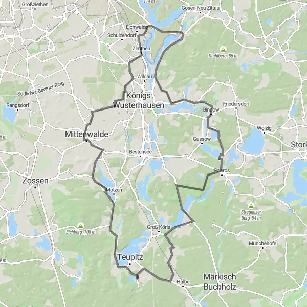 Map miniature of "Teupitz Loop" cycling inspiration in Brandenburg, Germany. Generated by Tarmacs.app cycling route planner