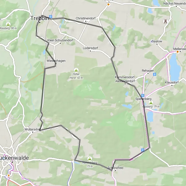 Map miniature of "Trebbin and Surroundings Loop" cycling inspiration in Brandenburg, Germany. Generated by Tarmacs.app cycling route planner