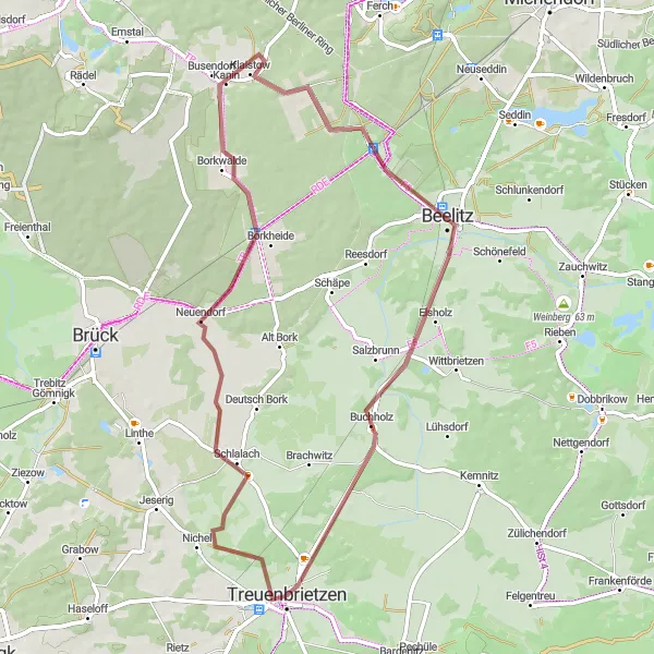 Karten-Miniaturansicht der Radinspiration "Durch Wälder und Hügel von Treuenbrietzen" in Brandenburg, Germany. Erstellt vom Tarmacs.app-Routenplaner für Radtouren