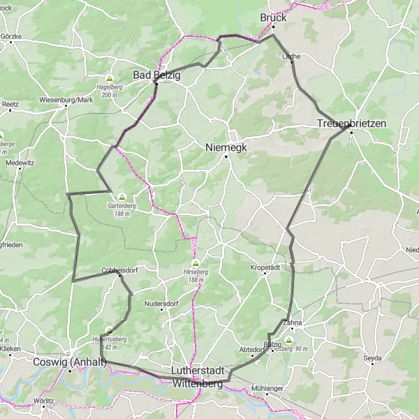 Map miniature of "Road Cycling Bliss in Brandenburg" cycling inspiration in Brandenburg, Germany. Generated by Tarmacs.app cycling route planner