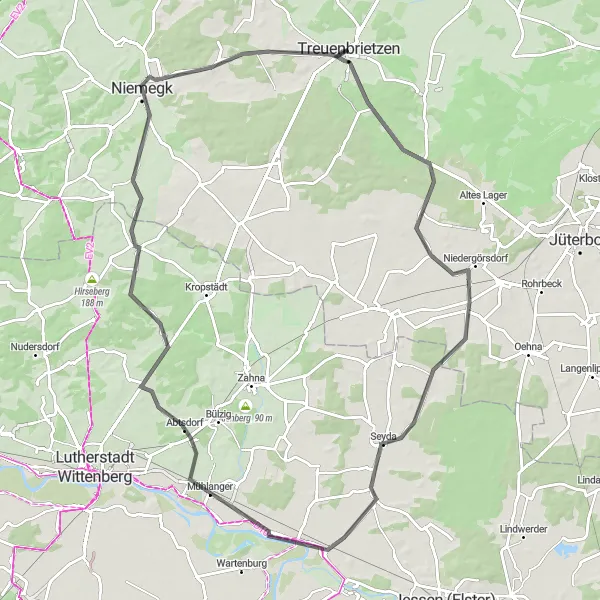 Map miniature of "Treuenbrietzen Loop" cycling inspiration in Brandenburg, Germany. Generated by Tarmacs.app cycling route planner