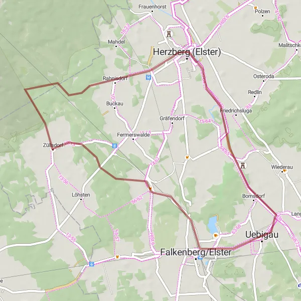 Karten-Miniaturansicht der Radinspiration "Gravel-Abenteuer um Uebigau" in Brandenburg, Germany. Erstellt vom Tarmacs.app-Routenplaner für Radtouren