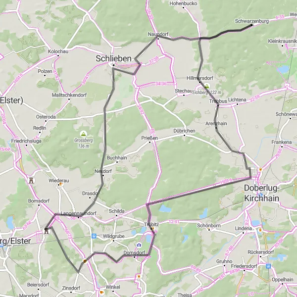 Map miniature of "Schlieben Excursion" cycling inspiration in Brandenburg, Germany. Generated by Tarmacs.app cycling route planner