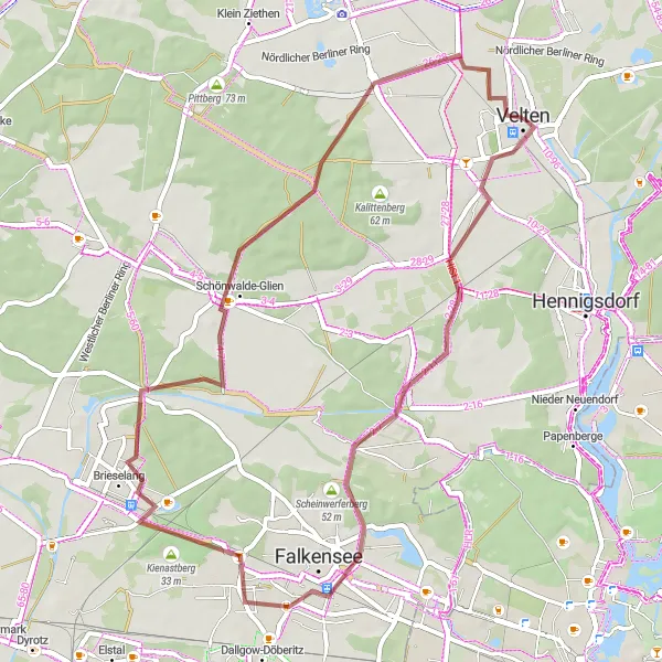 Karten-Miniaturansicht der Radinspiration "Gravelrunde um Velten" in Brandenburg, Germany. Erstellt vom Tarmacs.app-Routenplaner für Radtouren