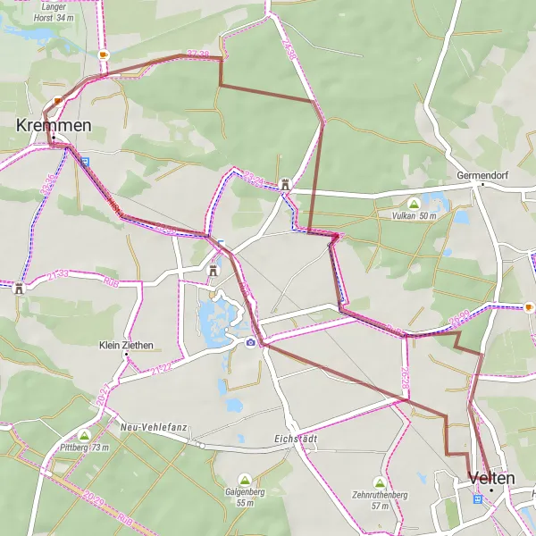 Map miniature of "Gravel Ride through Weinberg, Schwante, Kremmen, and Bärenklau" cycling inspiration in Brandenburg, Germany. Generated by Tarmacs.app cycling route planner