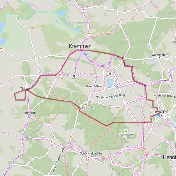 Map miniature of "Gravel Adventure from Velten to Sommerswalde" cycling inspiration in Brandenburg, Germany. Generated by Tarmacs.app cycling route planner