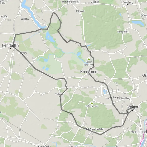 Map miniature of "Velten to Mathiasberg to An der Marwitzer Trift Cycling Route" cycling inspiration in Brandenburg, Germany. Generated by Tarmacs.app cycling route planner