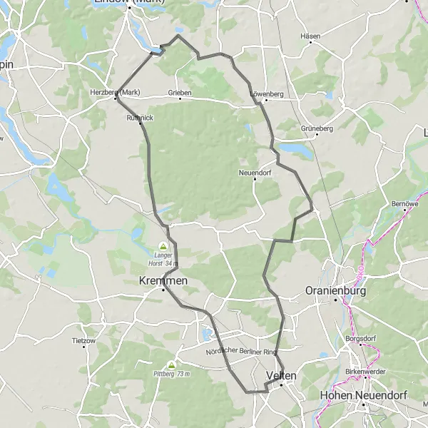 Map miniature of "Kremmen Loop" cycling inspiration in Brandenburg, Germany. Generated by Tarmacs.app cycling route planner