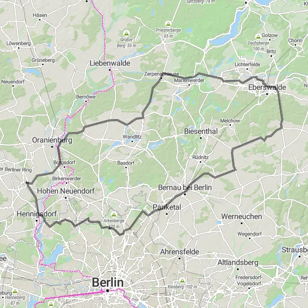 Map miniature of "Road Cycling Tour with Stunning Views of Lakes and Mountains" cycling inspiration in Brandenburg, Germany. Generated by Tarmacs.app cycling route planner