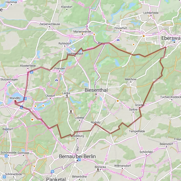 Map miniature of "Wandlitz - Klosterfelde - Spechthausen - Grüntal - Rüdnitz - Schuttberg - Wandlitz" cycling inspiration in Brandenburg, Germany. Generated by Tarmacs.app cycling route planner