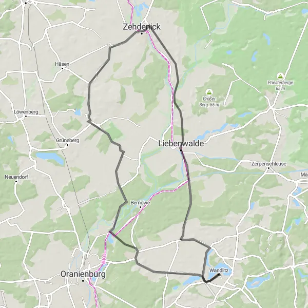 Map miniature of "Wandlitz - Malz - Bergsdorf - Zehdenick - Liebenwalde - Wandlitz" cycling inspiration in Brandenburg, Germany. Generated by Tarmacs.app cycling route planner