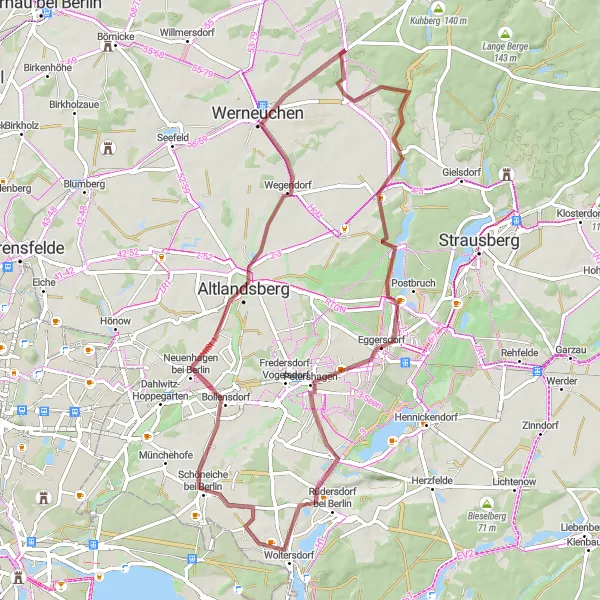 Map miniature of "Gravel adventure through the picturesque countryside" cycling inspiration in Brandenburg, Germany. Generated by Tarmacs.app cycling route planner