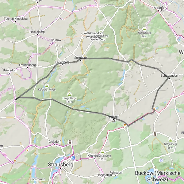 Map miniature of "Exploring the outskirts of Werftpfuhl" cycling inspiration in Brandenburg, Germany. Generated by Tarmacs.app cycling route planner