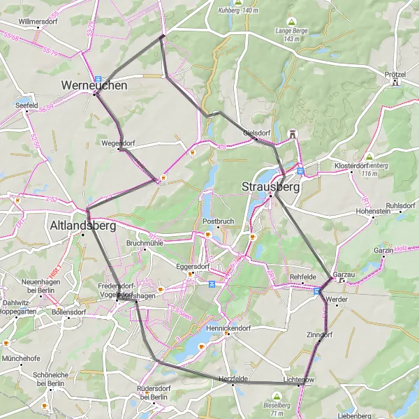 Map miniature of "Beautiful Landscapes and Historic Sites" cycling inspiration in Brandenburg, Germany. Generated by Tarmacs.app cycling route planner