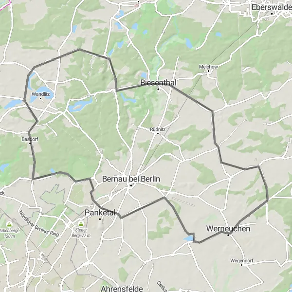 Map miniature of "Werftpfuhl and surrounding countryside" cycling inspiration in Brandenburg, Germany. Generated by Tarmacs.app cycling route planner