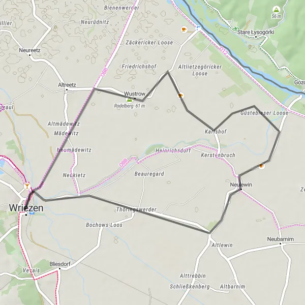 Map miniature of "Road Cycling Adventure near Wriezen" cycling inspiration in Brandenburg, Germany. Generated by Tarmacs.app cycling route planner