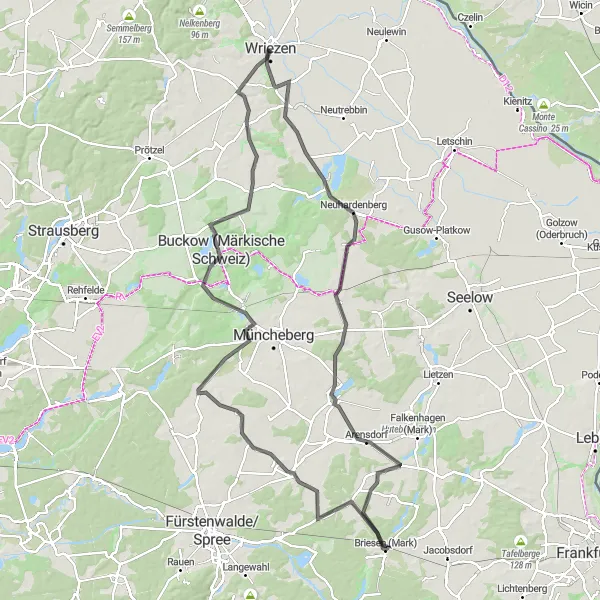 Map miniature of "Briesen (Mark) Loop" cycling inspiration in Brandenburg, Germany. Generated by Tarmacs.app cycling route planner