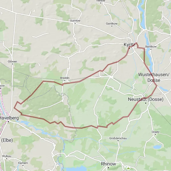 Map miniature of "Gravel Route Around Wusterhausen" cycling inspiration in Brandenburg, Germany. Generated by Tarmacs.app cycling route planner