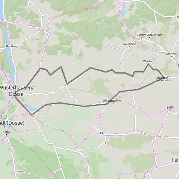 Map miniature of "Road Route to Kantow" cycling inspiration in Brandenburg, Germany. Generated by Tarmacs.app cycling route planner