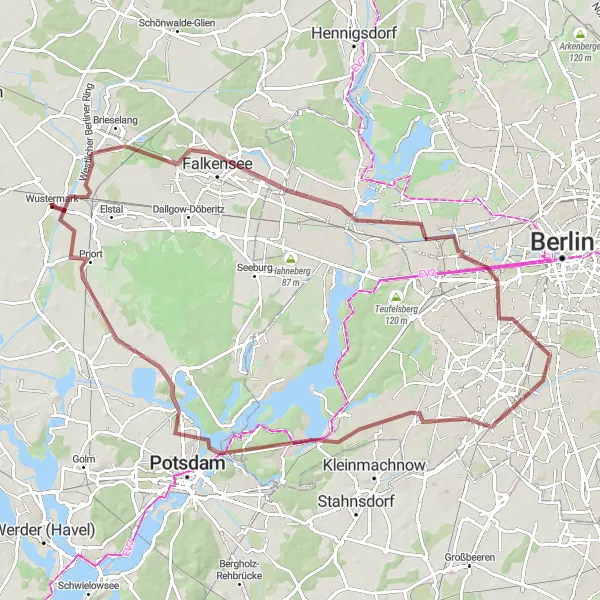 Map miniature of "Brandenburg Gravel Explorer" cycling inspiration in Brandenburg, Germany. Generated by Tarmacs.app cycling route planner