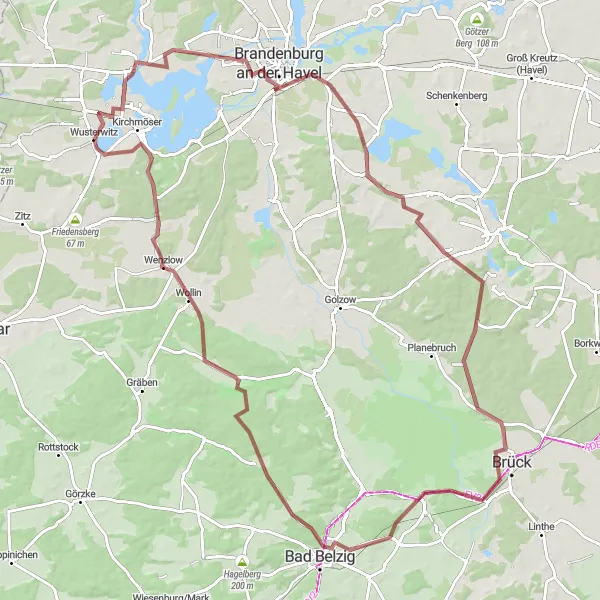 Map miniature of "Wusterwitz Round-Trip Gravel Route" cycling inspiration in Brandenburg, Germany. Generated by Tarmacs.app cycling route planner