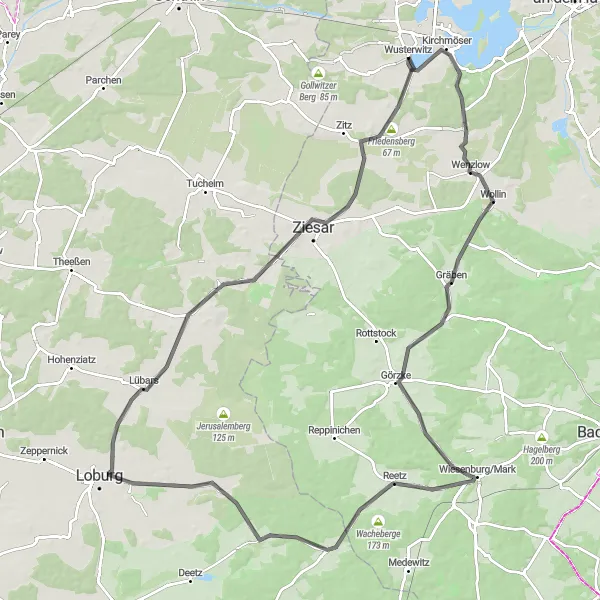 Map miniature of "Scenic Road Cycling Route near Wusterwitz" cycling inspiration in Brandenburg, Germany. Generated by Tarmacs.app cycling route planner