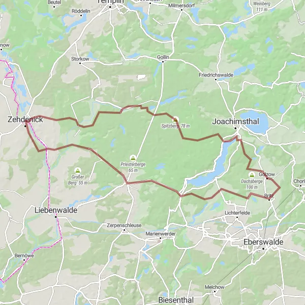 Map miniature of "Gravel Adventure from Zehdenick to Krewelin" cycling inspiration in Brandenburg, Germany. Generated by Tarmacs.app cycling route planner
