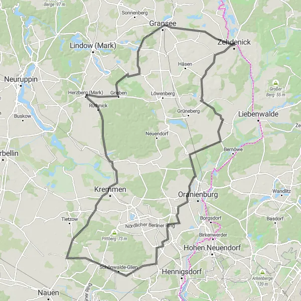 Map miniature of "Zehdenick Road Cycling Route" cycling inspiration in Brandenburg, Germany. Generated by Tarmacs.app cycling route planner