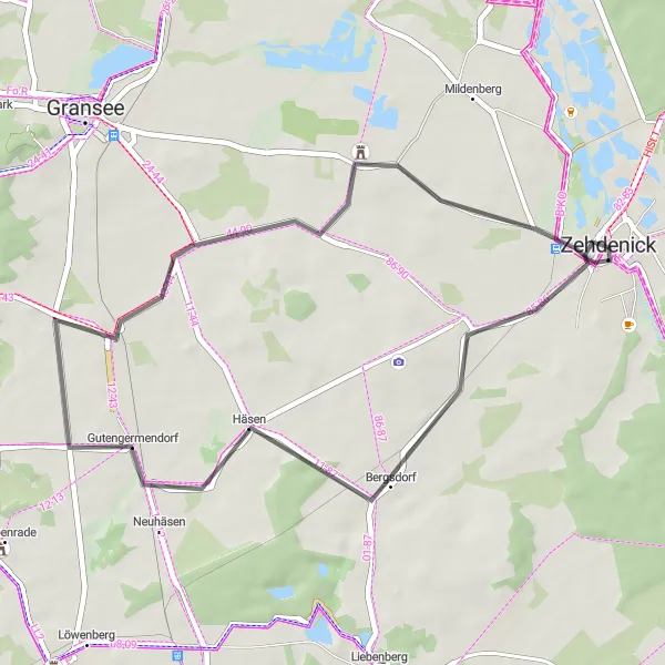 Map miniature of "Hidden Gems of Zehdenick" cycling inspiration in Brandenburg, Germany. Generated by Tarmacs.app cycling route planner