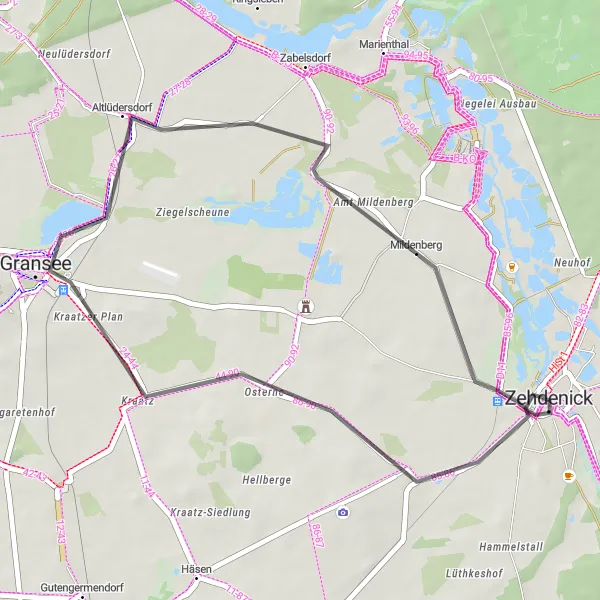 Map miniature of "Gransee Exploration" cycling inspiration in Brandenburg, Germany. Generated by Tarmacs.app cycling route planner