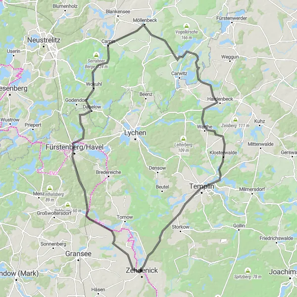 Map miniature of "Zehdenick to Templin Loop" cycling inspiration in Brandenburg, Germany. Generated by Tarmacs.app cycling route planner