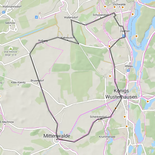 Map miniature of "Zeuthen to Weinberg Loop" cycling inspiration in Brandenburg, Germany. Generated by Tarmacs.app cycling route planner