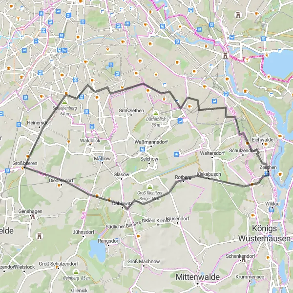 Map miniature of "Zeuthen to Zeuthen Loop" cycling inspiration in Brandenburg, Germany. Generated by Tarmacs.app cycling route planner