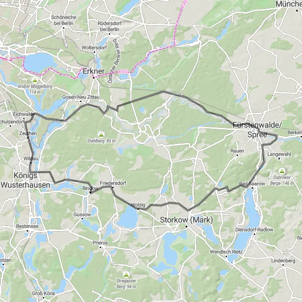 Map miniature of "Zeuthen to Bad Saarow Adventure" cycling inspiration in Brandenburg, Germany. Generated by Tarmacs.app cycling route planner