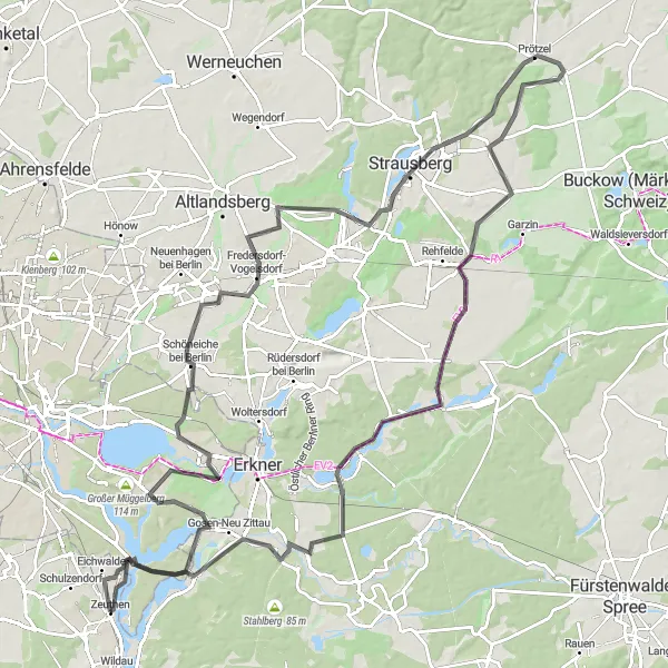 Map miniature of "Zeuthen to Kagel Scenic Tour" cycling inspiration in Brandenburg, Germany. Generated by Tarmacs.app cycling route planner