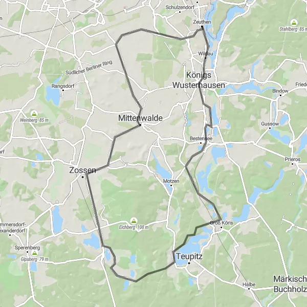 Karten-Miniaturansicht der Radinspiration "Roadtour von Wildau nach Finkenberg" in Brandenburg, Germany. Erstellt vom Tarmacs.app-Routenplaner für Radtouren