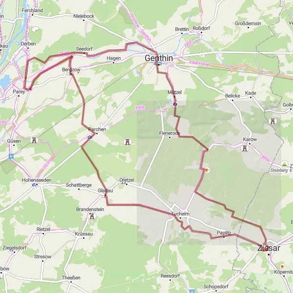 Map miniature of "The Gladau Gravel Ride" cycling inspiration in Brandenburg, Germany. Generated by Tarmacs.app cycling route planner