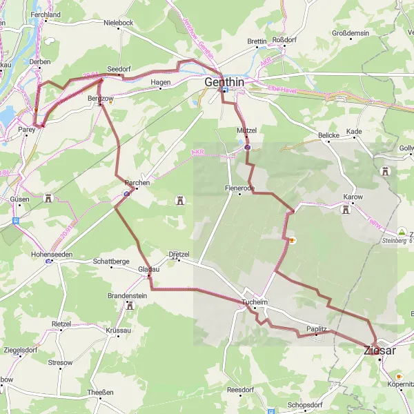 Karten-Miniaturansicht der Radinspiration "Rundtour um Ziesar durch malerische Dörfer" in Brandenburg, Germany. Erstellt vom Tarmacs.app-Routenplaner für Radtouren