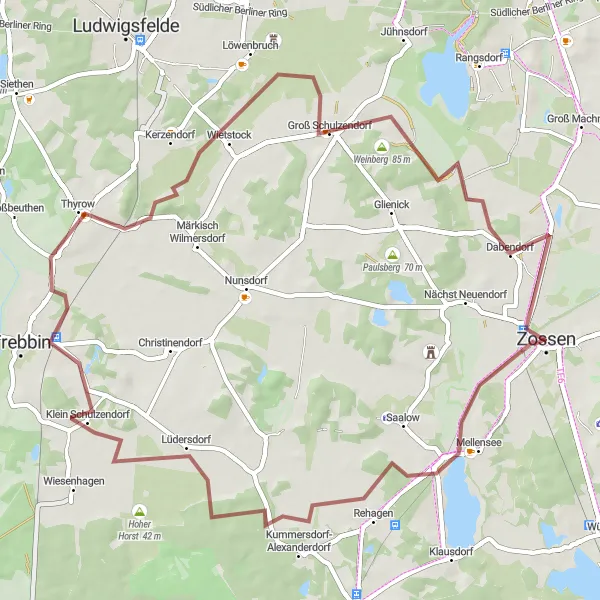 Map miniature of "Zossen Gravel Adventure" cycling inspiration in Brandenburg, Germany. Generated by Tarmacs.app cycling route planner