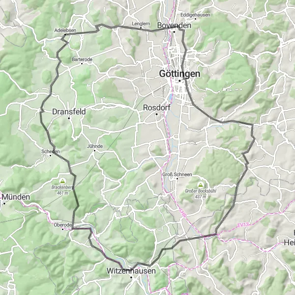 Map miniature of "Bovenden to Witzenhausen Adventure" cycling inspiration in Braunschweig, Germany. Generated by Tarmacs.app cycling route planner