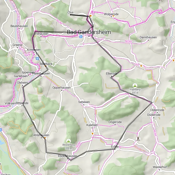 Karten-Miniaturansicht der Radinspiration "Roadtour von Bad Gandersheim nach Kreienser Berg und Katzenbusch" in Braunschweig, Germany. Erstellt vom Tarmacs.app-Routenplaner für Radtouren