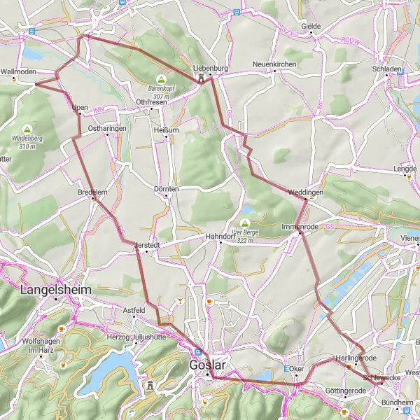 Map miniature of "Bad Harzburg to Harlingerode Gravel Loop" cycling inspiration in Braunschweig, Germany. Generated by Tarmacs.app cycling route planner