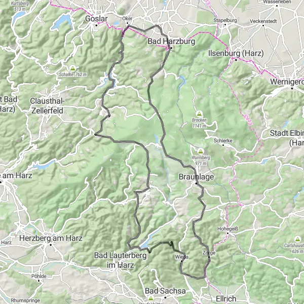 Map miniature of "Challenging Road Expedition through the Harz Mountains" cycling inspiration in Braunschweig, Germany. Generated by Tarmacs.app cycling route planner