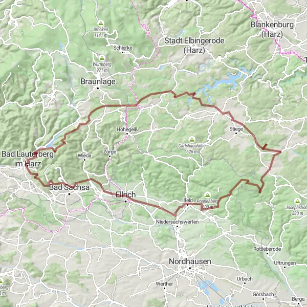 Map miniature of "Harz Gravel Adventure" cycling inspiration in Braunschweig, Germany. Generated by Tarmacs.app cycling route planner