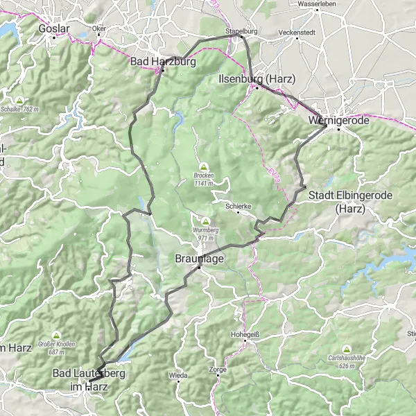 Map miniature of "Harz Highlights Road Cycling Route" cycling inspiration in Braunschweig, Germany. Generated by Tarmacs.app cycling route planner