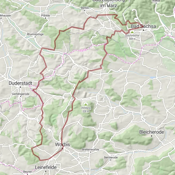 Map miniature of "Harz Gravel Challenge" cycling inspiration in Braunschweig, Germany. Generated by Tarmacs.app cycling route planner