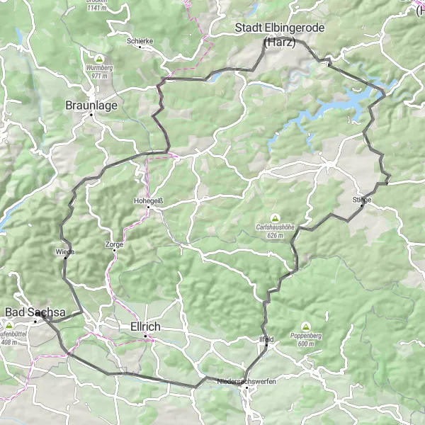 Map miniature of "Harz High Peaks Tour" cycling inspiration in Braunschweig, Germany. Generated by Tarmacs.app cycling route planner