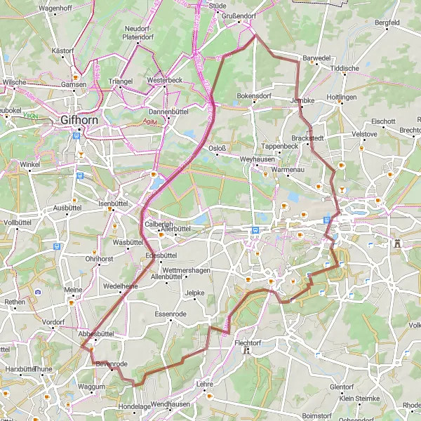 Map miniature of "Bevenrode to Wolfsburg Gravel Experience" cycling inspiration in Braunschweig, Germany. Generated by Tarmacs.app cycling route planner