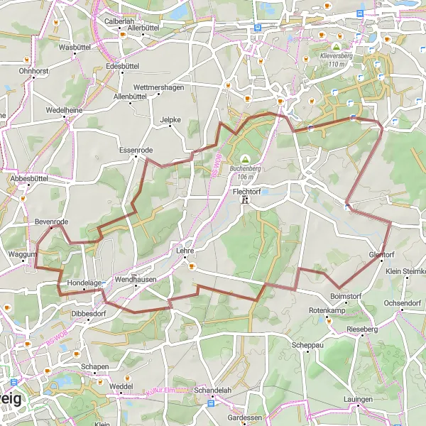 Map miniature of "Bevenrode to Waggum Gravel Adventure" cycling inspiration in Braunschweig, Germany. Generated by Tarmacs.app cycling route planner