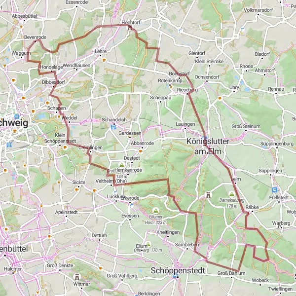 Karten-Miniaturansicht der Radinspiration "Gravel-Abenteuer durch die Region um Braunschweig" in Braunschweig, Germany. Erstellt vom Tarmacs.app-Routenplaner für Radtouren